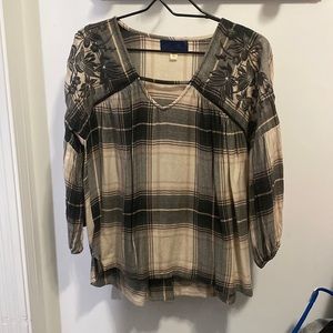 Blue rain plaid, with flower embroidery on the shoulders.